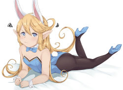 Rule 34 | 1girl, animal ears, bad id, bad pixiv id, blonde hair, blue eyes, blue footwear, blue leotard, blue neckwear, blush, rabbit ears, rabbit tail, charlotta (granblue fantasy), clenched hands, closed mouth, detached collar, fake animal ears, flat chest, from side, full body, granblue fantasy, hair between eyes, high heels, leg lift, leotard, long hair, looking at viewer, lying, momendoufu, on stomach, pantyhose, playboy bunny, pointy ears, solo, squiggle, tail, v-shaped eyebrows, very long hair, white background, wrist cuffs