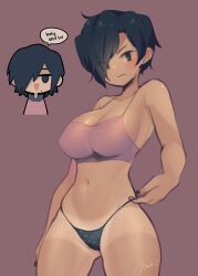 Rule 34 | 1girl, black eyes, black hair, black panties, borrowed character, bra, breasts, character request, check character, cleavage, closed mouth, commentary, cowboy shot, earrings, english commentary, genderswap, genderswap (mtf), highres, ichika maia (artist), jewelry, large breasts, mole, mole under mouth, multiple views, original, panties, short hair, signature, string panties, tan, tanline, underwear, underwear only