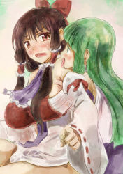 Rule 34 | 2girls, ascot, bare shoulders, blunt bangs, blush, bottomless, bow, breasts, brown eyes, brown hair, clenched hand, detached collar, drooling, green background, green eyes, green hair, hair bow, hair tubes, hakurei reimu, hug, hug from behind, kochiya sanae, large breasts, licking, long hair, multiple girls, open mouth, pink background, purple ascot, sarashi, sidelocks, skirt, smile, tongue, tongue out, touhou, v-shaped eyebrows, wide sleeves, yohane, yuri