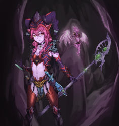 Rule 34 | 1girl, absurdres, alternate costume, alternate hair color, animal ears, breasts, cave, closed mouth, collar, collarbone, colored skin, dagger, female focus, gauntlets, gloves, gradient background, hat, heterochromia, highres, holding, holding weapon, jewelry, knife, league of legends, lulu (league of legends), midriff, navel, necklace, pink hair, pix (league of legends), purple gloves, purple skin, sakimei, sakimeikun-daze, small breasts, smile, smirk, solo, staff, standing, sword, weapon, wings, witch hat, yordle