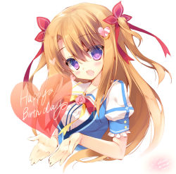 Rule 34 | 1girl, :d, bad id, bad pixiv id, blue shirt, blush, commentary request, floral flowlove, hair between eyes, hair ornament, happy birthday, head tilt, heart, heart hair ornament, highres, light brown hair, long hair, looking at viewer, md5 mismatch, mihato kano, open mouth, puffy short sleeves, puffy sleeves, purple eyes, resolution mismatch, satsuki misuzu, shirt, short sleeves, signature, simple background, smile, solo, two side up, valentine, very long hair, white background