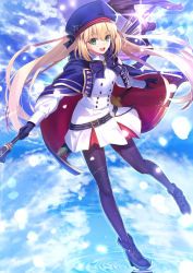 Rule 34 | 1girl, artoria caster (fate), artoria caster (second ascension) (fate), artoria pendragon (fate), belt, black bow, black gloves, black pantyhose, blonde hair, blue belt, blue bow, blue cape, blue hat, blue sky, bow, bowtie, buttons, cape, cloud, dress, fate/grand order, fate (series), gloves, gold trim, green eyes, hair between eyes, hair bow, hat, highres, holding, holding staff, holding weapon, long hair, looking at viewer, neko daruma, open mouth, pantyhose, petals, sheath, sheathed, short sword, sky, smile, solo, staff, sword, teeth, twintails, upper teeth only, weapon, white dress
