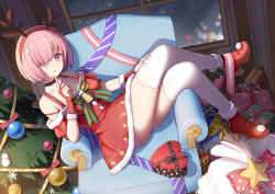 Rule 34 | absurdres, alternate costume, ankle boots, arm support, armchair, bauble, bell, black bow, black choker, boots, bow, box, breasts, bridal gauntlets, chair, choker, christmas, christmas ornaments, christmas tree, cleavage, collarbone, commentary, crossed legs, dress, english commentary, fake antlers, fate/grand order, fate (series), finger to mouth, full body, fur-trimmed boots, fur trim, gift, gift box, green ribbon, hairband, hand on own thigh, heart, heart-shaped box, high heel boots, high heels, highres, index finger raised, indoors, leaning back, looking at viewer, mash kyrielight, medium breasts, off-shoulder dress, off shoulder, parted lips, pink hair, pink ribbon, polka dot, polka dot bow, pom pom (clothes), purple eyes, red footwear, red hairband, red plate (kyuu45), ribbon, sack, santa costume, short hair, sitting, smile, snowflakes, solo, star (symbol), thighhighs, thighs, white thighhighs, window