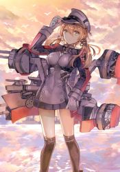 Rule 34 | 10s, 1girl, black skirt, black thighhighs, blonde hair, gloves, green eyes, hair between eyes, hat, kantai collection, long hair, long sleeves, low twintails, machinery, military, military uniform, miniskirt, ocean, peaked cap, pleated skirt, prinz eugen (kancolle), rioka (southern blue sky), ship, skirt, solo, thighhighs, twintails, uniform, watercraft, white gloves