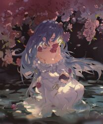 Rule 34 | 1girl, absurdres, bare shoulders, blue hair, blush, breasts, breasts apart, carnation, collarbone, dress, earrings, falling leaves, flower, flower in mouth, from above, gold choker, hair between eyes, hair flower, hair ornament, highres, holding, jewelry, leaf, long dress, long sleeves, looking down, mole, mouth hold, nail polish, off-shoulder dress, off shoulder, original, partially submerged, puffy sleeves, purple eyes, purple nails, red flower, reset, shade, sidelocks, sitting, small breasts, solo, stud earrings, tree, water, white dress