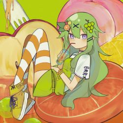 Rule 34 | 1girl, absurdres, apple, choker, commentary request, cup, dress, drinking glass, drinking straw, food, food-themed hair ornament, fork, fruit, grape hair ornament, grapes, green dress, green hair, hadu oekaki, hair ornament, highres, holding, holding cup, kusanagi nene, lemon, lemon hair ornament, long hair, looking at viewer, low-tied long hair, lying, on back, orange hair ornament, peach, project sekai, purple choker, purple eyes, shirt, shoes, sneakers, solo, striped clothes, striped thighhighs, thighhighs, very long hair, white shirt, yellow footwear