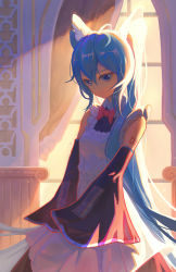 Rule 34 | 1girl, absurdres, adapted costume, animal ears, apron, arch, backlighting, black dress, blue eyes, blue hair, bow, bowtie, breasts, cat ears, commentary, cowboy shot, curtains, detached sleeves, dress, fake animal ears, hair over shoulder, hatsune miku, highres, indoors, light smile, long hair, looking away, looking down, maid, maid apron, mori (user gdnz7828), red bow, red bowtie, sleeves past fingers, sleeves past wrists, small breasts, solo, standing, sunlight, v arms, very long hair, vocaloid, white apron, window