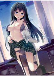 Rule 34 | 1girl, :o, absurdres, ayase sayuki, bare shoulders, black bra, black hair, black panties, blue eyes, blush, bow, bow bra, bow panties, bra, breasts, cameltoe, chair, classroom, clothes lift, collarbone, curtains, desk, dutch angle, hair intakes, head tilt, highres, indoors, kantoku, lace, lace-trimmed panties, lace trim, lifting own clothes, long hair, long sleeves, looking at viewer, medium breasts, navel, nipples, non-web source, off shoulder, official art, open bra, open clothes, open mouth, open shirt, panties, perky breasts, pleated skirt, purple bow, pussy juice, pussy juice stain, pussy juice trail, school chair, school desk, shirt, sidelocks, skirt, skirt lift, solo, stomach, strap slip, sweat, underwear, wet, wet clothes, wet panties, white shirt, window, your diary