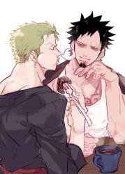Rule 34 | 2boys, arm rest, bara, black hair, chest tattoo, coffee, couple, earrings, facial hair, fork, goatee, green hair, highres, holding, holding fork, jewelry, long sideburns, looking at another, male focus, multiple boys, muscular, muscular male, nose bubble, one piece, roronoa zoro, short hair, sideburns, simple background, sleeping, smile, steam, tattoo, trafalgar law, upper body, white background, yaoi, yuyu (kssm pero)