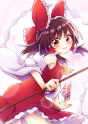 Rule 34 | 1girl, ascot, bandages, bare shoulders, blush, bow, breasts, brown eyes, brown hair, collar, collared dress, detached sleeves, dress, eyes visible through hair, frills, from behind, gohei, gradient background, hair between eyes, hair ornament, hair tubes, hakurei reimu, hand up, highres, keyaki chimaki, long sleeves, looking at viewer, medium breasts, ofuda, open mouth, pink background, red bow, red dress, short hair, smile, solo, standing, tongue, touhou, white background, wide sleeves, yellow ascot