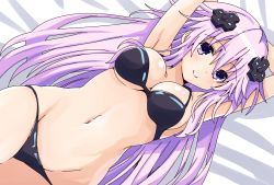 Rule 34 | 1girl, absurdres, adult neptune, bare shoulders, blush, breasts, d-pad, d-pad hair ornament, hair between eyes, hair ornament, highres, iwashi dorobou -r-, large breasts, long hair, looking at viewer, lying, navel, neptune (series), on back, on bed, shin jigen game neptune vii, smile, solo, upper body