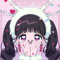 Rule 34 | 1girl, animal ears, black hair, blush, commentary request, copyright request, covered mouth, earrings, fake animal ears, hands up, heart, heart earrings, heart in eye, highres, jewelry, long hair, looking at viewer, nail art, neki (wakiko), pink background, purple eyes, rabbit ears, rainbow, solo, symbol in eye, thick eyebrows, twintails