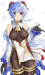 Rule 34 | 1girl, absurdres, bare shoulders, bell, black gloves, black pantyhose, blue hair, bodysuit, breasts, chinese clothes, closed mouth, cowboy shot, detached sleeves, flower, ganyu (genshin impact), genshin impact, gloves, goat horns, hand up, highres, horns, kir (khw66136132), long hair, long sleeves, looking at viewer, medium breasts, neck bell, pantyhose, petals, purple eyes, simple background, smile, solo, white background