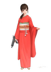 Rule 34 | 1girl, absurdres, brown eyes, brown hair, closed mouth, devil lo, gun, highres, holding, holding gun, holding weapon, japanese clothes, kimono, long hair, original, red kimono, red lips, signature, simple background, solo, standing, weapon, white background