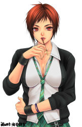 Rule 34 | 1girl, alternate costume, bad id, bad pixiv id, bracelet, breasts, cardigan, cleavage, collarbone, dead or alive, female focus, food, jewelry, large breasts, lips, looking at viewer, loose necktie, mila (doa), necktie, noriheita, open cardigan, open clothes, plaid, plaid necktie, plaid neckwear, plaid skirt, pleated skirt, pocky, red eyes, red hair, school uniform, short hair, simple background, skirt, solo, spanish (nationality), very short hair, white background, wristband