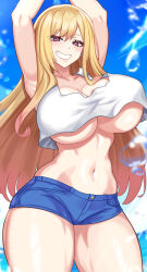 Rule 34 | 1girl, absurdres, arms up, blonde hair, blue sky, blush, breasts, collarbone, commentary, commission, cowboy shot, crop top, crop top overhang, day, denim, denim shorts, grin, highres, huge breasts, kitagawa marin, long hair, looking at viewer, midriff, navel, nez-box, pink eyes, short shorts, shorts, sky, smile, solo, sono bisque doll wa koi wo suru, standing, stomach, tank top, thick thighs, thighs, underboob, very long hair, white tank top