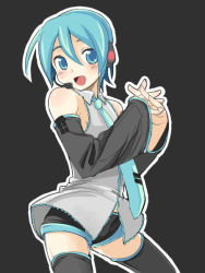 Rule 34 | 1boy, 1girl, :d, alternate hair length, alternate hairstyle, androgynous, aqua eyes, aqua hair, aqua necktie, black background, black thighhighs, blouse, blush, collared shirt, detached sleeves, gender request, genderswap, grey shirt, hair between eyes, happy, hatsune miku, hatsune mikuo, headset, looking at viewer, midriff peek, necktie, open mouth, outline, own hands clasped, own hands together, shirt, short hair, short shorts, shorts, simple background, sleeveless, sleeveless shirt, smile, solo, thighhighs, tomboy, trap, vocaloid, zettai ryouiki