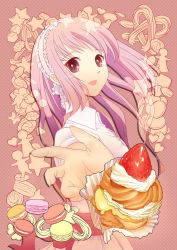 Rule 34 | 1girl, cake, cookie, cream, food, foreshortening, fruit, headband, heart, highres, light smile, long hair, open mouth, original, outstretched arm, pink hair, rasneko, smile, solo, star (symbol), strawberry