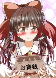 Rule 34 | 1girl, ascot, blush, bow, box, brown eyes, brown hair, circle, collar, detached sleeves, donation box, fingernails, frilled bow, frilled collar, frills, gradient background, hair bow, hair tubes, hakurei reimu, head tilt, highres, long hair, looking at viewer, matsuoka michihiro, purple background, ribbon-trimmed sleeves, ribbon trim, sleeveless, solo, sparkle, star (symbol), starry background, tearing up, touhou, wavy mouth, wide-eyed