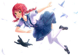 1girl bird black_cat cat circle_skirt dress female_focus full_body green_eyes highres kazeno long_hair original red_hair sailor_dress solo thighhighs