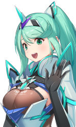 Rule 34 | 1girl, absurdres, bodysuit, breasts, elbow gloves, gloves, green322, green eyes, green hair, highres, jewelry, large breasts, latex, latex bodysuit, latex gloves, pneuma (xenoblade), ponytail, solo, spoilers, teeth, upper teeth only, white background, xenoblade chronicles (series), xenoblade chronicles 2