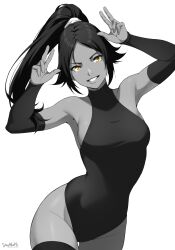 Rule 34 | 1girl, absurdres, arched back, arms up, bleach, breasts, commentary, detached sleeves, double w, english commentary, greyscale, highleg, highleg leotard, highres, large breasts, leotard, looking at viewer, monochrome, parted bangs, parted lips, ponytail, shihouin yoruichi, signature, sleeveless turtleneck leotard, smile, solo, spot color, stayaliveplz, thighhighs, w, white background, yellow eyes