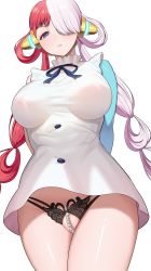 Rule 34 | 1girl, absurdres, black panties, breasts, breasts apart, closed mouth, dress, eyelashes, frills, hair over one eye, headphones, highres, large breasts, long hair, looking at viewer, multicolored hair, one piece, one piece film: red, oversized clothes, panties, pearl thong, pipi20211026, purple eyes, pussy, pussy peek, red hair, ribbon, simple background, solo, split-color hair, thighs, two-tone hair, underwear, uta (one piece), white background, white dress, white hair