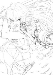 Rule 34 | 1girl, aiming, bare shoulders, battle rifle, braid, breasts, cartridge, fate/grand order, fate (series), finger on trigger, gloves, greyscale, gun, hair between eyes, highres, holding, holding sword, holding weapon, imizu (nitro unknown), lakshmibai (fate), long hair, looking at viewer, m14, monochrome, rifle, sheath, sideboob, simple background, sketch, sleeveless, solo, sword, twin braids, very long hair, weapon, white background
