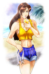 Rule 34 | beach, blue jeans, breasts, brown eyes, brown hair, capcom, chun-li, cup, drinking glass, drinking straw, drinking straw in mouth, holding glass, juice, large breasts, lipstick, long hair, looking at viewer, makeup, orange juice, penzoom, shirt, shorts, street fighter, street fighter ii (series), summer, sunlight, yellow shirt