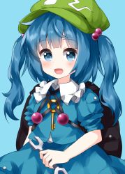 Rule 34 | 1girl, :d, backpack, bag, black bag, blue background, blue eyes, blue hair, blue shirt, blue skirt, blush, commentary request, cowboy shot, frills, green hat, hair bobbles, hair ornament, hat, highres, holding, holding wrench, kawashiro nitori, key, long hair, looking at viewer, open mouth, ruu (tksymkw), shirt, simple background, skirt, smile, solo, touhou, two side up, wrench