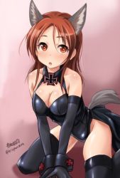 Rule 34 | 1girl, animal ears, arm support, artist name, black leotard, black thighhighs, breasts, cleavage, cleavage cutout, clothing cutout, cross, dog ears, dog tail, halterneck, haruhata mutsuki, iron cross, kneeling, leotard, long hair, looking at viewer, medium breasts, minna-dietlinde wilcke, nontraditional playboy bunny, parted lips, playboy bunny, red eyes, red hair, signature, skindentation, sleeveless, solo, strike witches, tail, thighhighs, twitter username, world witches series, wrist cuffs