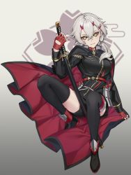 Rule 34 | 1girl, absurdres, azur lane, black cape, black jacket, black thighhighs, breasts, cape, epaulettes, fingerless gloves, full body, gloves, gradient background, grey hair, highres, holding, holding sword, holding weapon, horns, jacket, katana, kinu (azur lane), kinu (retrofit) (azur lane), large breasts, looking at viewer, nail polish, oni horns, red cape, red gloves, red nails, sakura empire (emblem), senshu, sheath, sheathed, simple background, solo, sword, thighhighs, two-tone cape, weapon, yellow eyes