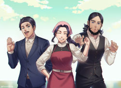 Rule 34 | 1girl, 2boys, :d, :o, apron, beard, black eyes, black hair, black pants, black vest, blue eyes, blue suit, braid, braided ponytail, claw pose, collared shirt, closed eyes, facial hair, foxvulpine, golden kamuy, kiroranke, long hair, looking at viewer, multiple boys, mustache, open mouth, pants, red apron, scar, scar on face, scar on forehead, shirt, simple background, smile, sofia (golden kamuy), suit, vest, waving, white shirt, wilk (golden kamuy), aged down