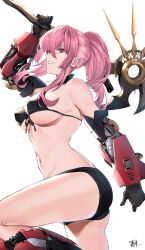 Rule 34 | 1girl, absurdres, ass, bikini, black bikini, breasts, front-tie top, highres, holding, holding scythe, holding weapon, hololive, hololive english, keisuke desu~, large breasts, looking at viewer, mori calliope, navel, pink hair, ponytail, scythe, signature, simple background, smile, solo, string bikini, swimsuit, underboob, virtual youtuber, weapon, white background