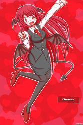 Rule 34 | 1girl, ;d, artist name, bat wings, black pantyhose, black skirt, black vest, character name, collared shirt, demon tail, full body, head wings, heart, heart background, highres, koakuma, long hair, long sleeves, looking at viewer, merbromin, multiple wings, necktie, one eye closed, open mouth, outline, pantyhose, red background, red eyes, red footwear, red hair, red necktie, shirt, skirt, smile, solo, tail, touhou, vest, white outline, white shirt, wings