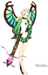 Rule 34 | 1girl, blonde hair, blush, bow (weapon), braid, butterfly wings, character name, crossbow, fairy, flower, full body, hair flower, hair ornament, insect wings, mercedes (odin sphere), odin sphere, pointy ears, puff and slash sleeves, puffy sleeves, red eyes, solo, sousou (sousouworks), standing, twin braids, weapon, white footwear, wings