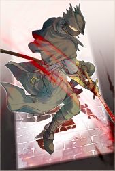 Rule 34 | 1boy, blood, blood on clothes, bloodborne, bloody weapon, boots, brick floor, brown hair, capelet, cloak, coat, gloves, hat, highres, holding, holding sword, holding weapon, hunter (bloodborne), katana, male focus, mask, mouth mask, nigiri (ngr24), sheath, short hair, simple background, solo, sword, tricorne, two-handed, weapon, white background, yellow eyes