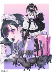 Rule 34 | 1girl, arms note, bandaid, bandaid on knee, bandaid on leg, black hair, breasts, cable, copyright name, dress, english text, explosive, frilled dress, frills, fukai ryosuke, grey eyes, gun, heterochromia, highres, holding, holding weapon, id card, jacket, looking at viewer, maid headdress, mask, mask pull, medium breasts, mine (weapon), mine laying maid, mouth hold, mouth mask, multicolored hair, off shoulder, purple eyes, ribbon, safety pin, sharp teeth, single thighhigh, standing, submachine gun, suitcase, teeth, thigh strap, thighhighs, two side up, underbust, weapon