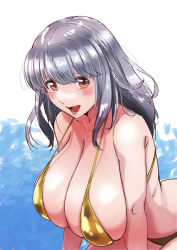 Rule 34 | 1girl, :d, bikini, blush, breasts, brown eyes, copyright request, gold bikini, grey hair, highres, huge breasts, ishii hisao, leaning forward, long hair, looking at viewer, open mouth, smile, solo, swimsuit