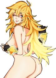 Rule 34 | 1girl, ;p, ass, blonde hair, breasts, gloves, highres, large breasts, long hair, nipples, nude, one eye closed, purple eyes, rwby, solo, tabletorgy, tongue, tongue out, yang xiao long