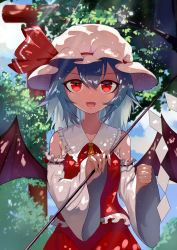 Rule 34 | 1girl, :d, ascot, bare shoulders, bat wings, blue hair, blue sky, chinese commentary, clenched hand, cloud, commentary request, cosplay, cowboy shot, day, detached sleeves, frilled shirt collar, frills, gohei, hair between eyes, hakurei reimu, hakurei reimu (cosplay), hat, hat ribbon, highres, holding, long sleeves, looking at viewer, mob cap, open mouth, outdoors, red eyes, red ribbon, red skirt, remilia scarlet, ribbon, ribbon-trimmed sleeves, ribbon trim, short hair, skirt, skirt set, sky, smile, snozaki, solo, touhou, tree, white hat, wide sleeves, wings, yellow ascot