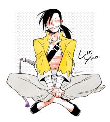 Rule 34 | 1boy, abs, bad id, bad pixiv id, bandages, black footwear, black hair, blush, character name, closed eyes, coat, crossed legs, fingernails, full body, fullmetal alchemist, grey background, grey pants, grin, hair over one eye, ling yao, long hair, long sleeves, male focus, pants, ponytail, simple background, sitting, smile, solo, stomach, strap, sword, weapon, yellow coat