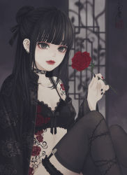 Rule 34 | 1girl, absurdres, black bra, black choker, black eyes, black hair, black jacket, black nails, black ribbon, black thighhighs, blunt bangs, blurry, blurry background, bra, breasts, chinese clothes, choker, closed mouth, depth of field, ear piercing, earrings, floral print, flower, flower tattoo, frilled garter, frills, hair bun, hair ribbon, hand up, highres, holding, holding flower, indoors, jacket, jewelry, lace, lace-trimmed bra, lace trim, legwear garter, lingerie, long hair, long sleeves, looking at viewer, nail polish, off shoulder, open clothes, open jacket, original, piercing, print bra, red flower, red lips, red nails, red rose, ribbon, rose, rose print, seal impression, shoulder tattoo, sidelocks, signature, single hair bun, sitting, small breasts, solo, stomach tattoo, tangzhuang, tattoo, thighhighs, thorns, underwear, upper body, ushiyama ame