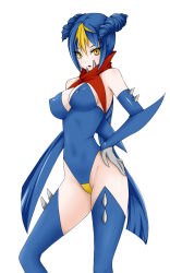 Rule 34 | 1girl, bare shoulders, blue hair, breasts, creatures (company), elbow gloves, emukon, covered erect nipples, game freak, garchomp, gen 4 pokemon, gloves, hand on own hip, highres, hip focus, leotard, multicolored hair, nintendo, personification, pokemon, solo, spikes, thighhighs, two-tone hair, yellow eyes