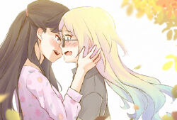 Rule 34 | 2girls, black hair, black shirt, blonde hair, blue eyes, blue hair, blurry, blush, colored tips, commentary, couple, depth of field, eye contact, falling petals, fang, floating hair, fujishima megumi, glasses, gradient hair, hand on another&#039;s cheek, hand on another&#039;s face, highres, imminent kiss, link! like! love live!, long hair, looking at another, love live!, mira-cra park!, multicolored hair, multiple girls, open mouth, osawa rurino, petals, pink shirt, purple eyes, risai, shirt, skin fang, teeth, upper body, upper teeth only, variant set, yuri