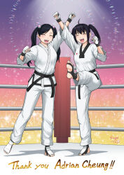 Rule 34 | &gt; &lt;, 2girls, :d, barefoot, black hair, borrowed character, closed eyes, commentary request, commission, dobok, dougi, feet, full body, martial arts, martial arts belt, multiple girls, open mouth, sage tory, signature, smile, standing, taekwondo, teeth, upper teeth only, xd