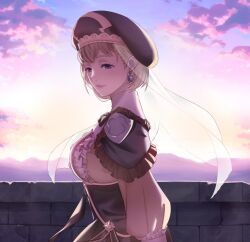 Rule 34 | 1girl, balcony, blonde hair, blue eyes, breasts, dress, earrings, fire emblem, fire emblem: three houses, hat, jewelry, looking at viewer, looking back, medium breasts, mercedes von martritz, nintendo, outdoors, pomelomelon, see-through, short hair, smile, solo, veil