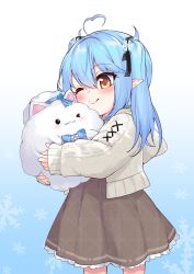 Rule 34 | 1girl, ahoge, black bow, blue background, blue bow, blue hair, blush, bow, brown eyes, brown jacket, brown skirt, closed mouth, commentary request, gradient background, hair between eyes, hair bow, hair ornament, heart, heart ahoge, highres, hololive, hood, hood down, hooded jacket, hug, jacket, long sleeves, one eye closed, open clothes, open jacket, plaid, plaid bow, pointy ears, puffy long sleeves, puffy sleeves, skirt, sleeves past wrists, smile, snowflake background, snowflake hair ornament, twintails, unmoving pattern, virtual youtuber, wavy mouth, white background, yukihana lamy, yukihana lamy (casual), zooanime