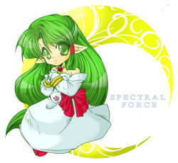 Rule 34 | 1girl, azalea (spectral force), bare shoulders, bow, bracelet, chibi, copyright name, crescent, dress, full body, gloves, gradient background, green eyes, green hair, hair tubes, half updo, jewelry, k-zu, long hair, matching hair/eyes, pointy ears, red bow, sidelocks, simple background, smile, solo, spectral (series), spectral force, white dress