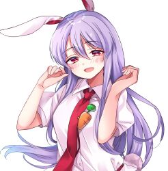 Rule 34 | 1girl, :d, animal ears, breasts, carrot pin, hair between eyes, half-closed eyes, hands up, highres, long hair, medium breasts, meimei (meimei89008309), necktie, open mouth, purple hair, rabbit ears, rabbit tail, red eyes, red necktie, reisen udongein inaba, shirt, short sleeves, simple background, smile, solo, tail, tareme, touhou, upper body, very long hair, white background, white shirt, wing collar